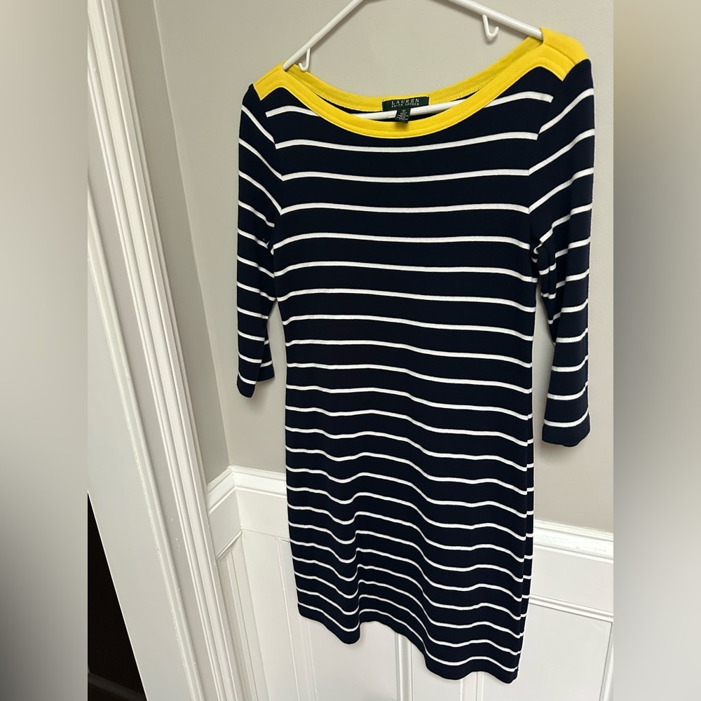 Ralph Lauren Blue and White Sheath Dress 3/4 Sleeve Crew Neck - Picture 2 of 3